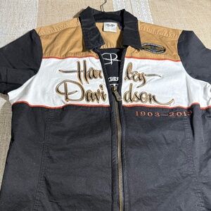 Harley-Davidson Tan Black and white mechanics top with patches size L